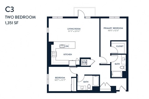Floor plan for 2 beds, 2 baths, 1351 sqft